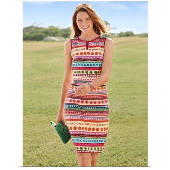 Talbots Colorful Retro Striped Sleeveless Shealth Dress 16 Cotton Pockets Office - Picture 1 of 11